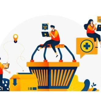 Premium Vector _ Illustration of shopping cart with people around who want to shop_ e-commerce with delivery and cardboarding services_